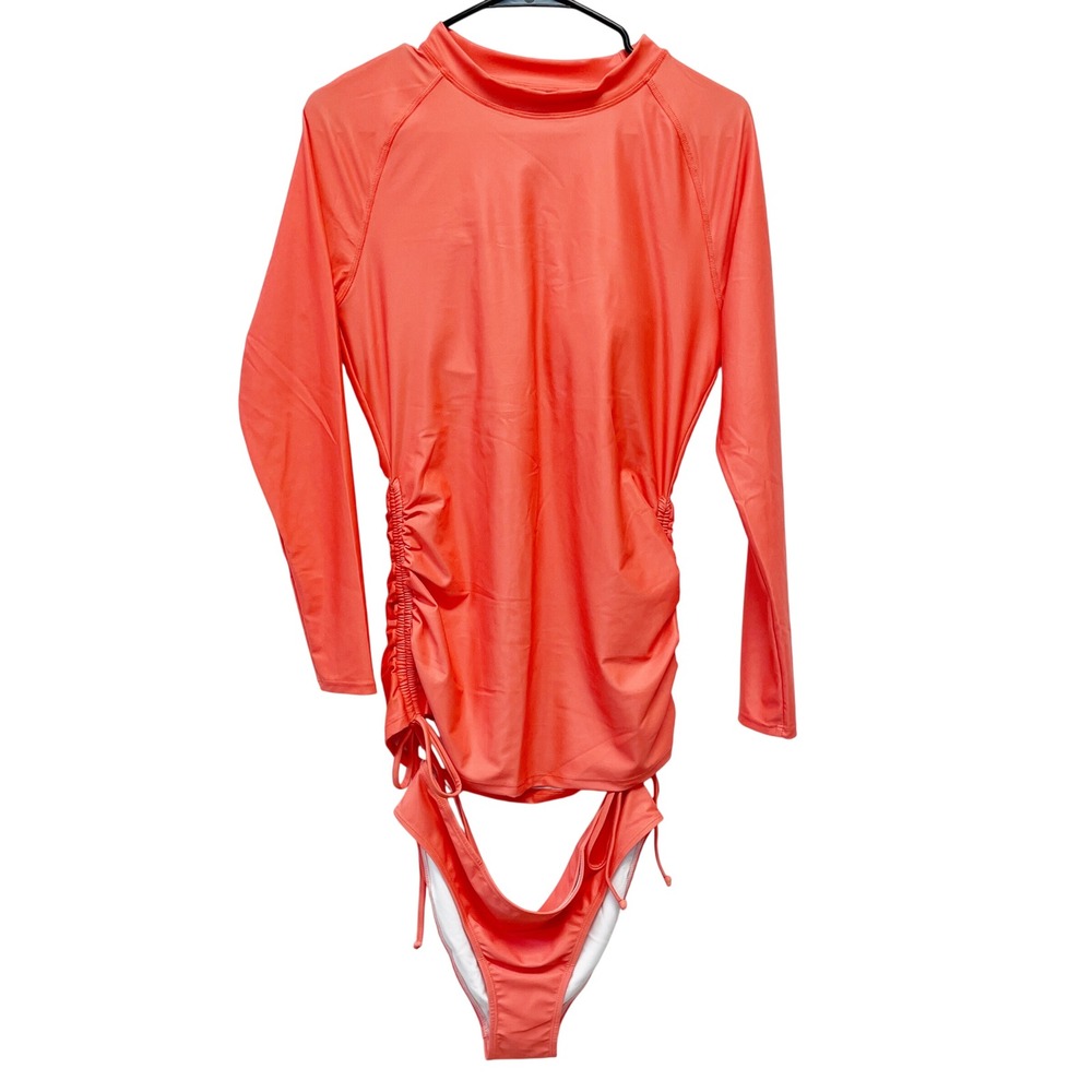Berry Jane Women's Coral Ruched Long Sleeve Rash Guard Swim Set Size XL
